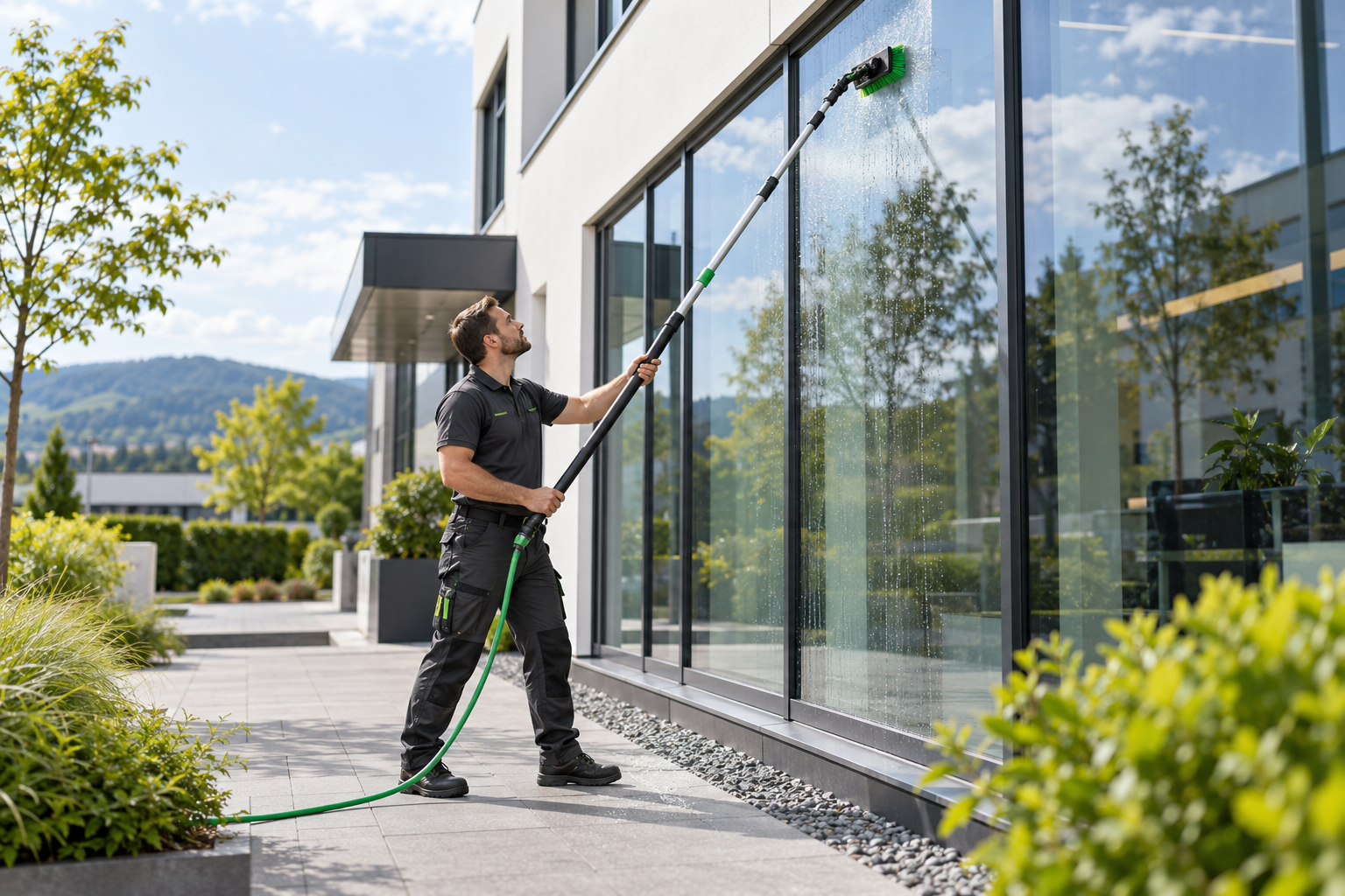 Reinigungskraft reinigt eine Glasfassade mit einer Teleskopbürste.